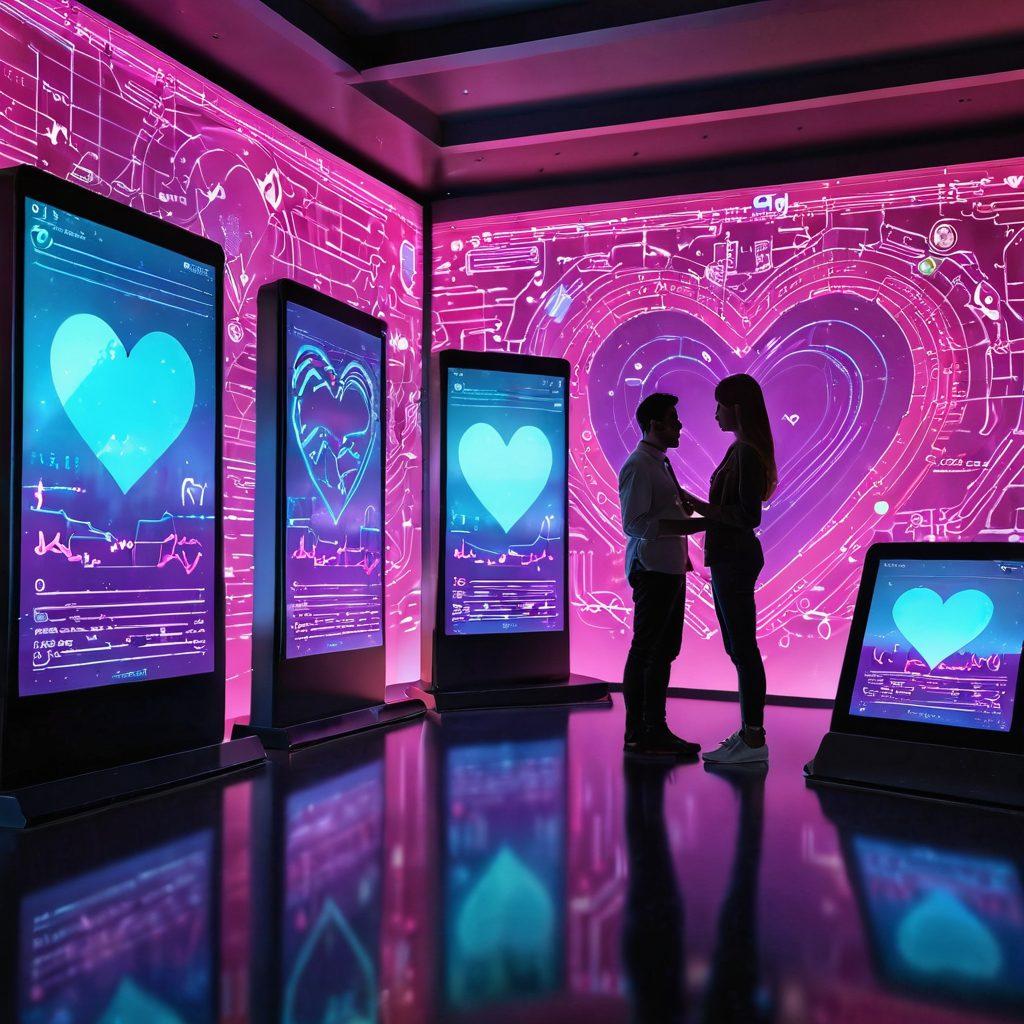A futuristic digital landscape showcasing various relationship tech tools like love calculators and compatibility software displayed on sleek holographic screens, intertwined with hearts and circuit patterns. Incorporate vibrant colors to highlight the emotional aspect of relationships while emphasizing technology. Add hints of people interacting with the technology in a joyful manner, surrounded by a backdrop of connected devices and data flow. 3D, vibrant colors, techno style.